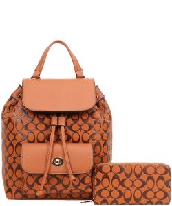 2in1 Oval Pattern Print Drawstring Backpack Wallet DP-9150-W BROWN